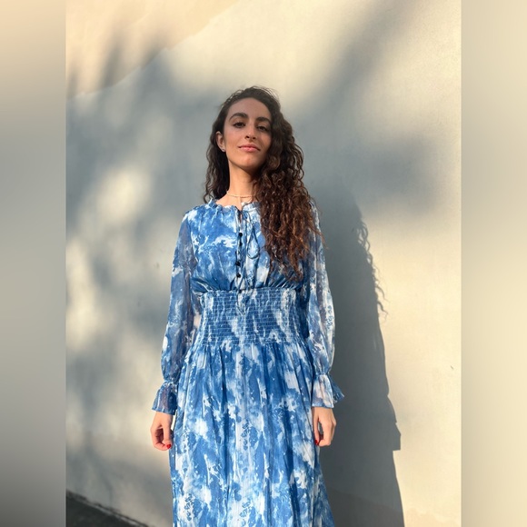 Blue Tie-Dye Midi Dress Women’s Long Sleeve Smocked Waist Dress - Picture 5 of 5